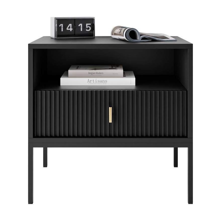Stolik nocny MIDNIGHT z ryflowanym frontem na stelażu