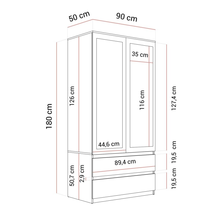 Dwudrzwiowa szafa HANA SS-90 z lustrem