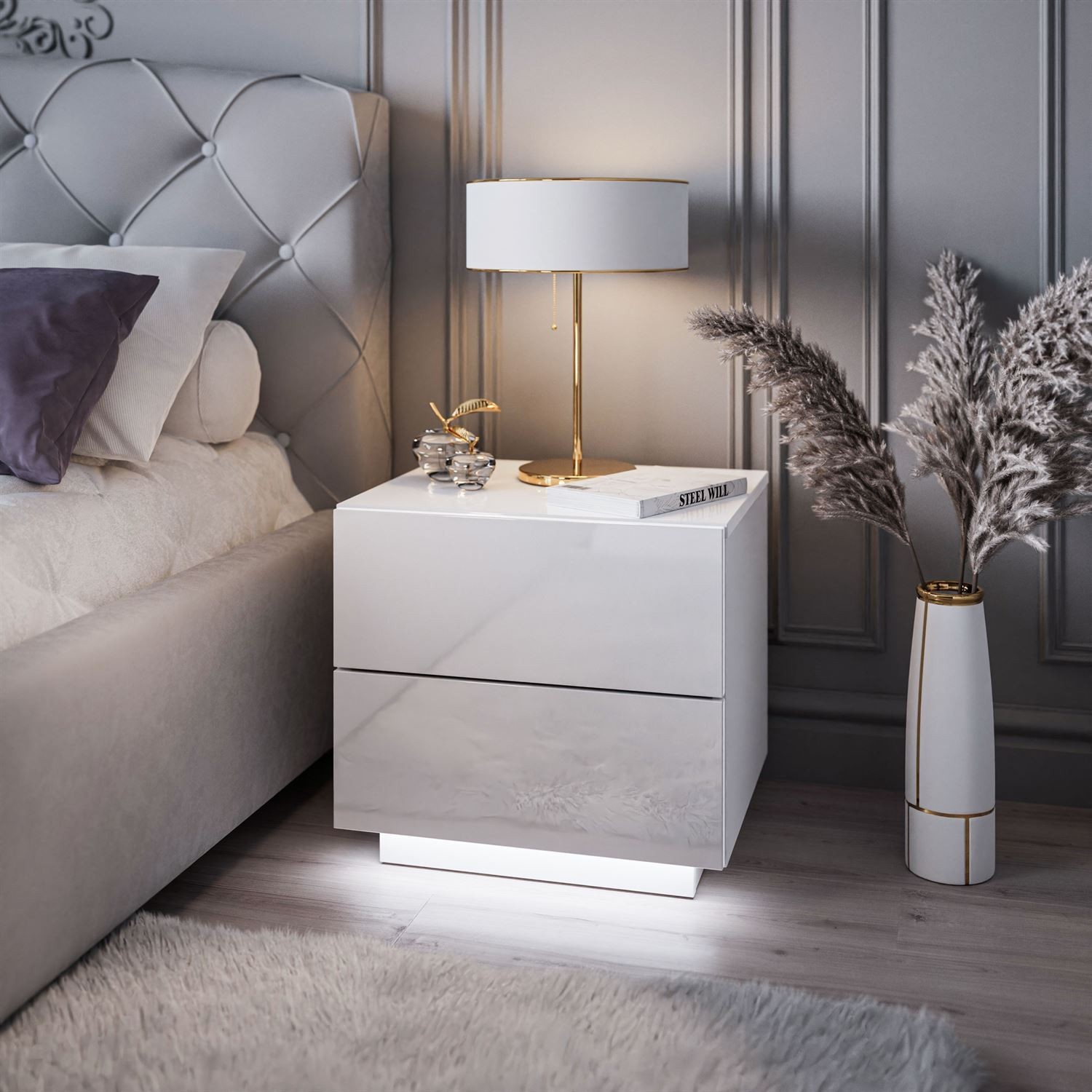 Stolik nocny LINA LUX z uchwytami i blatem w połysku LED