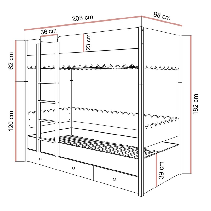 Łóżko piętrowe dziecięce BABUSHKA 90x200 cm
