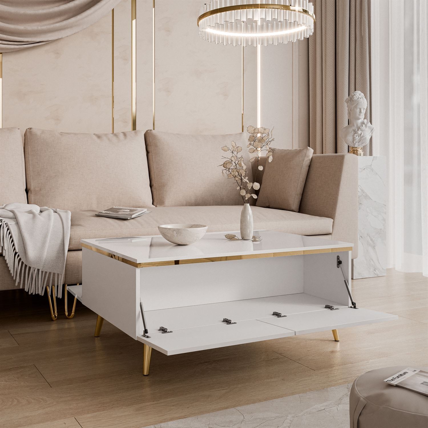 Ława AURORA BIAŁY POŁYSK ze schowkiem