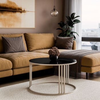 Okrągły stolik kawowy LORI GLASS na kaszmirowym stelażu