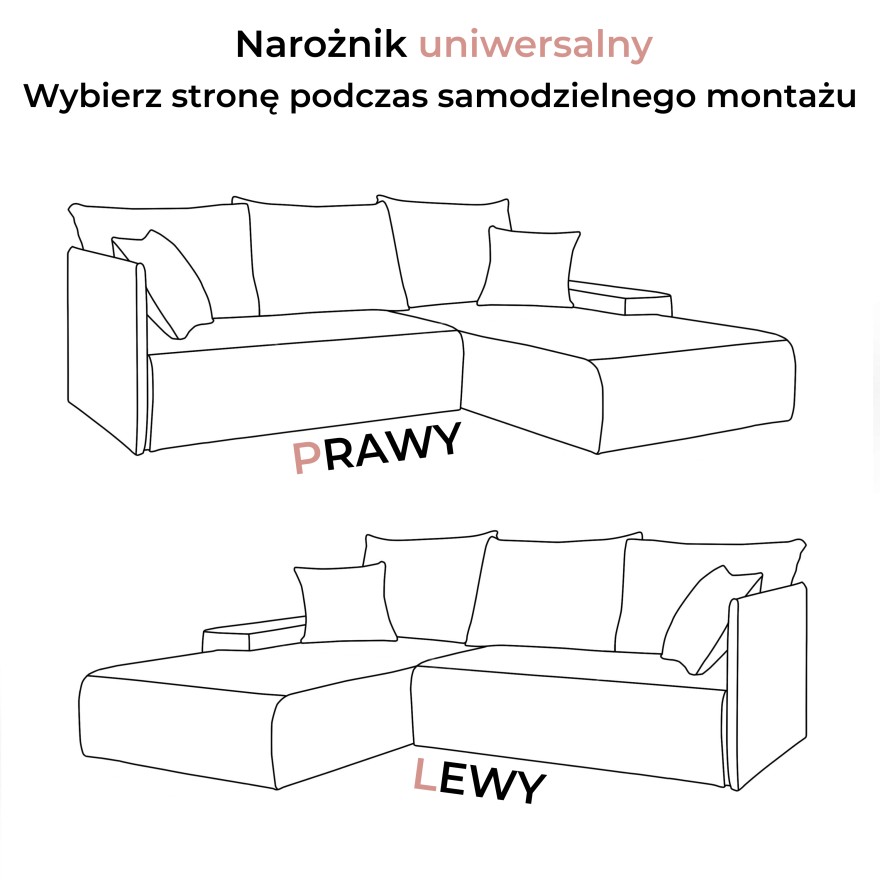 Narożnik tapicerowany LAVIO L z funkcją spania i pojemnikiem na pościel