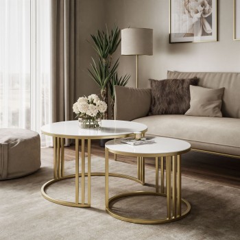 Okrągły stolik kawowy 2w1 LORI GLASS złoto szczotkowane