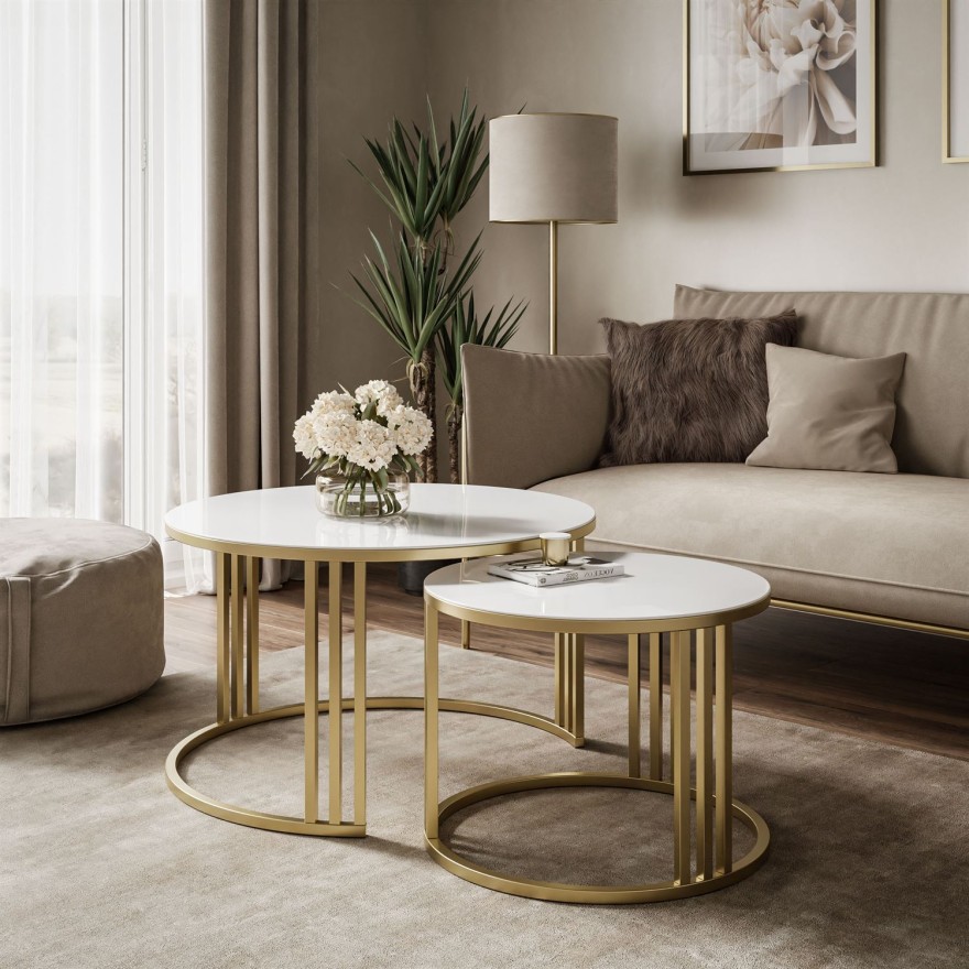 Okrągły stolik kawowy 2w1 LORI GLASS złoto szczotkowane