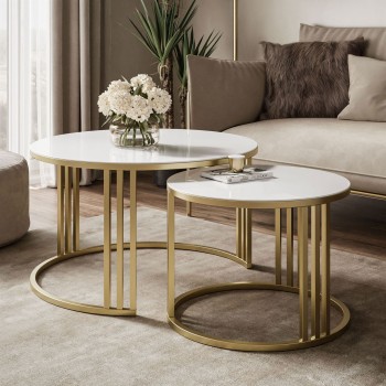 Okrągły stolik kawowy 2w1 LORI GLASS złoto szczotkowane