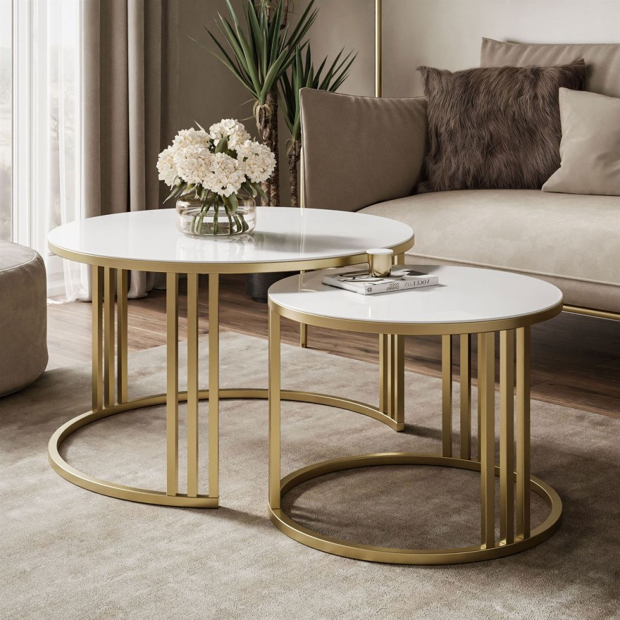 Okrągły stolik kawowy 2w1 LORI GLASS złoto szczotkowane