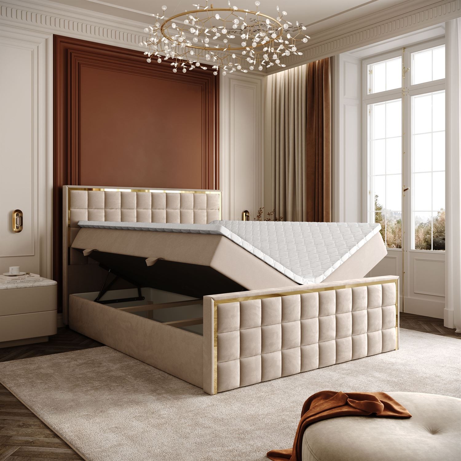 Łóżko kontynentalne ISADORA II GOLD z pojemnikiem na pościel