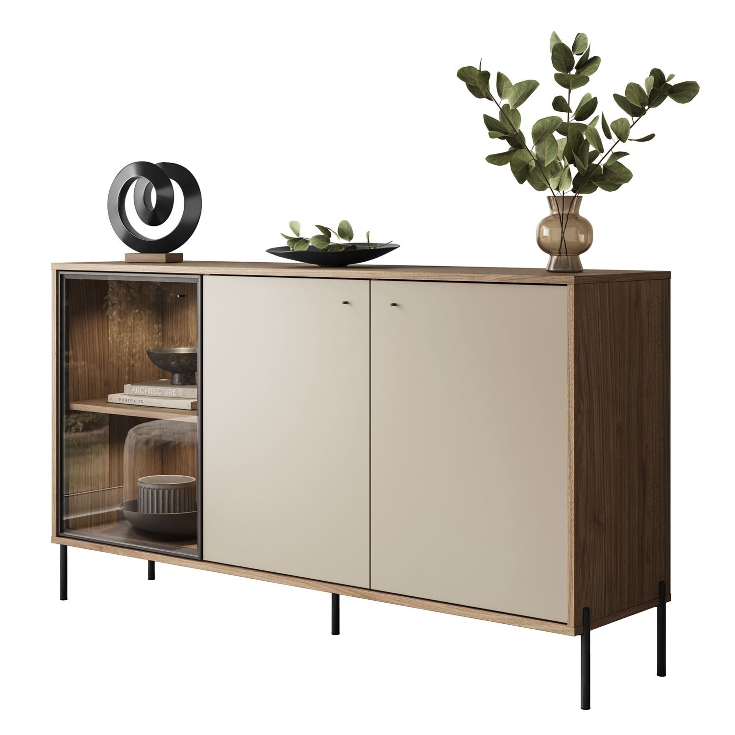 Trzydrzwiowa komoda ISA 3D z oświetleniem LED na wysokich nóżkach