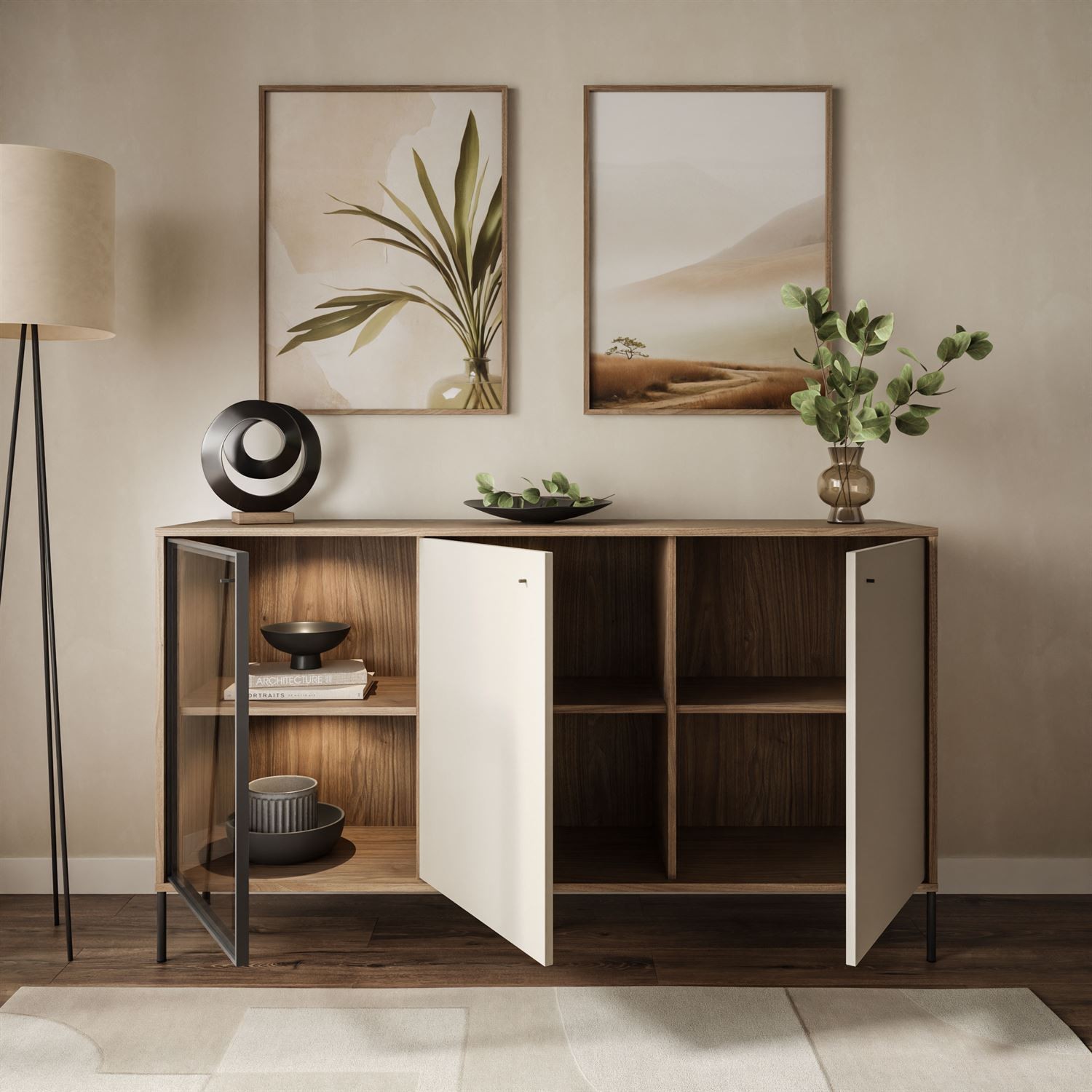 Trzydrzwiowa komoda ISA 3D z oświetleniem LED na wysokich nóżkach