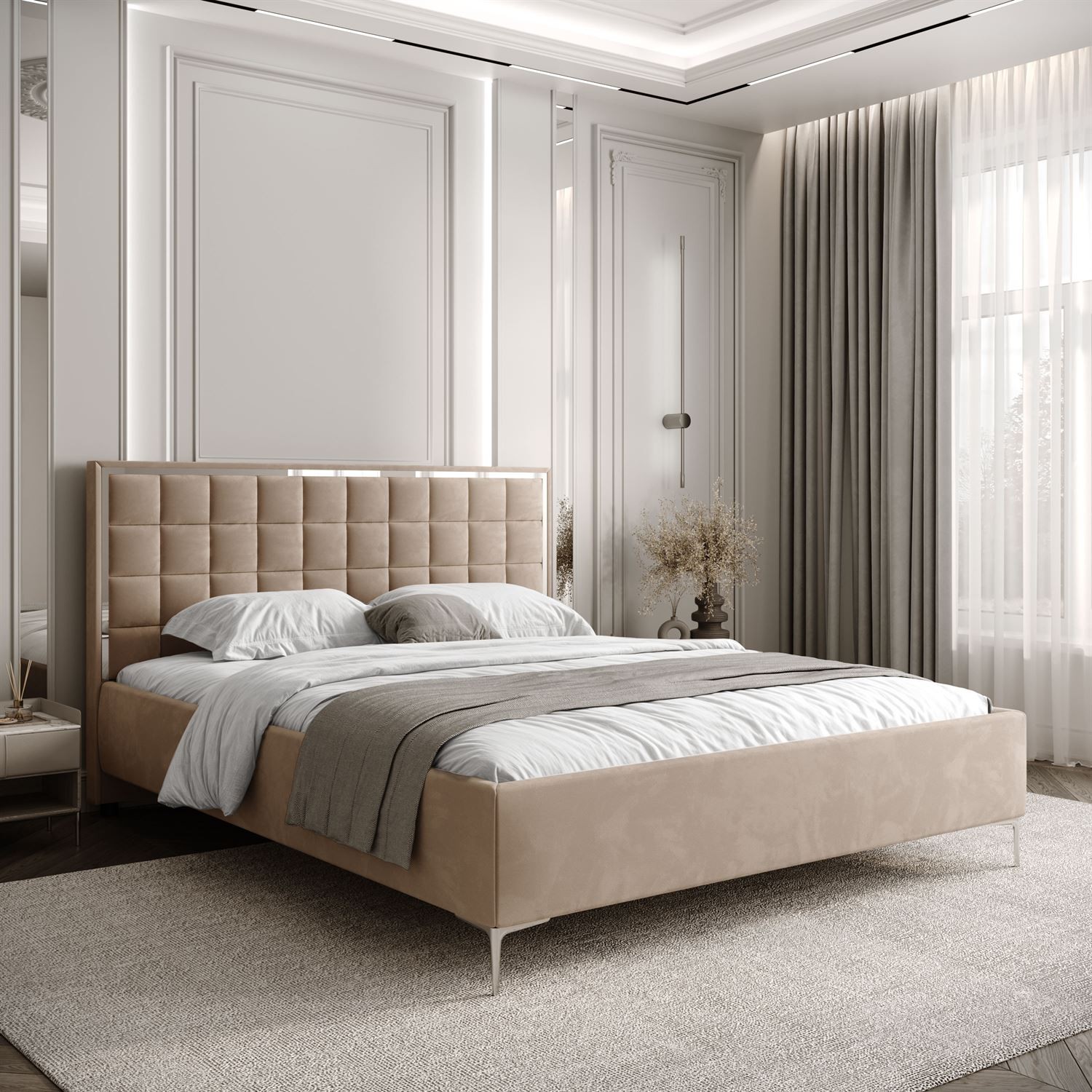 Łóżko tapicerowane ISADORA SILVER z pojemnikiem na pościel