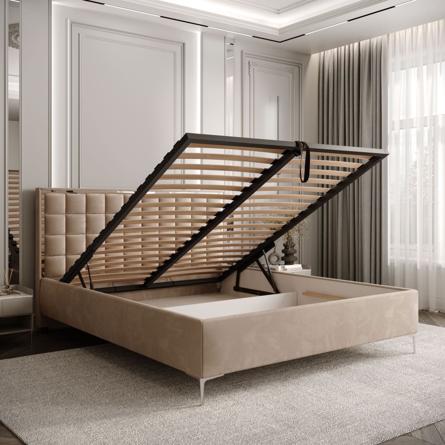 Łóżko tapicerowane ISADORA SILVER z pojemnikiem na pościel