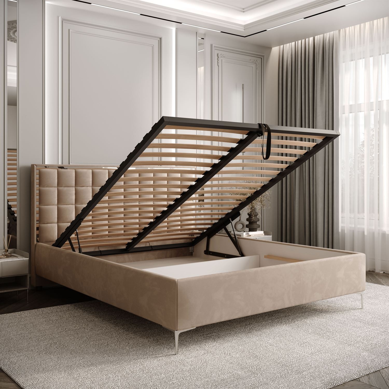 Łóżko tapicerowane ISADORA SILVER z pojemnikiem na pościel