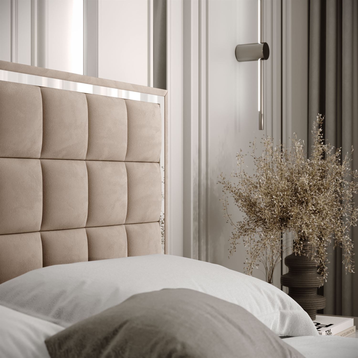 Łóżko tapicerowane ISADORA SILVER z pojemnikiem na pościel