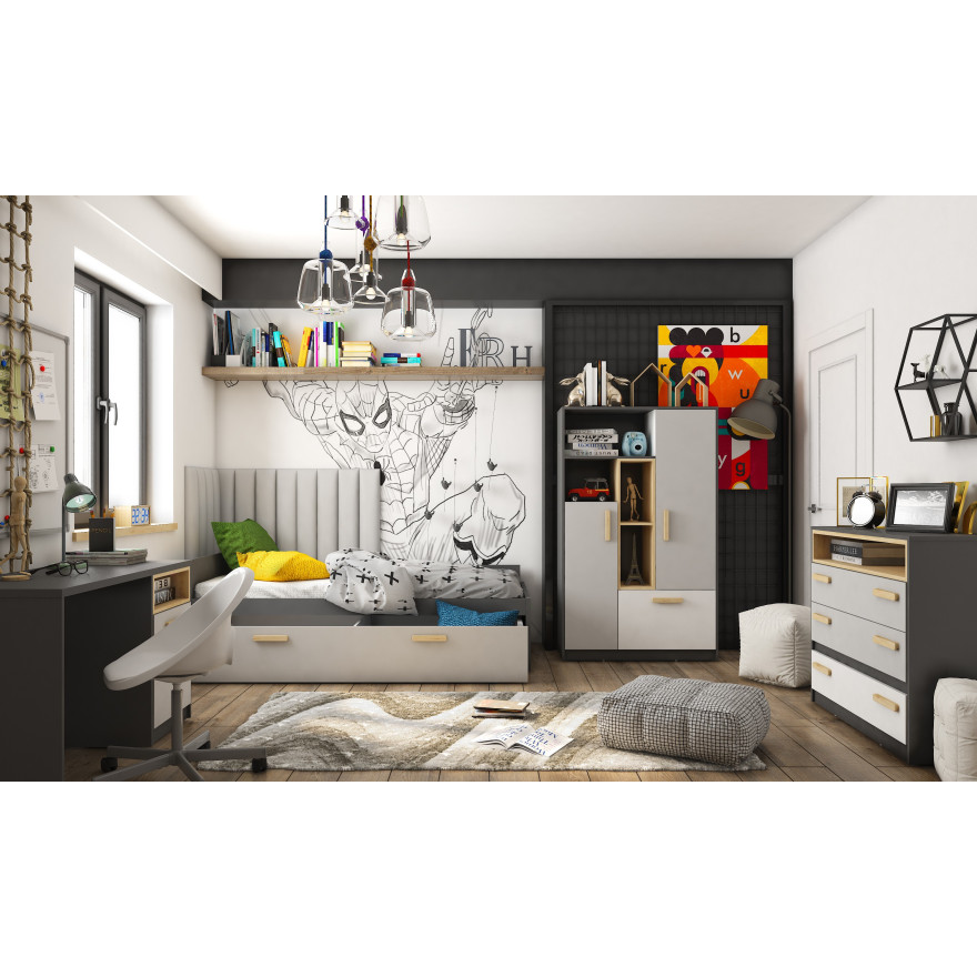 Łóżko górne z materacem POK PO-13 grafit/buk ibsen/szary jasny