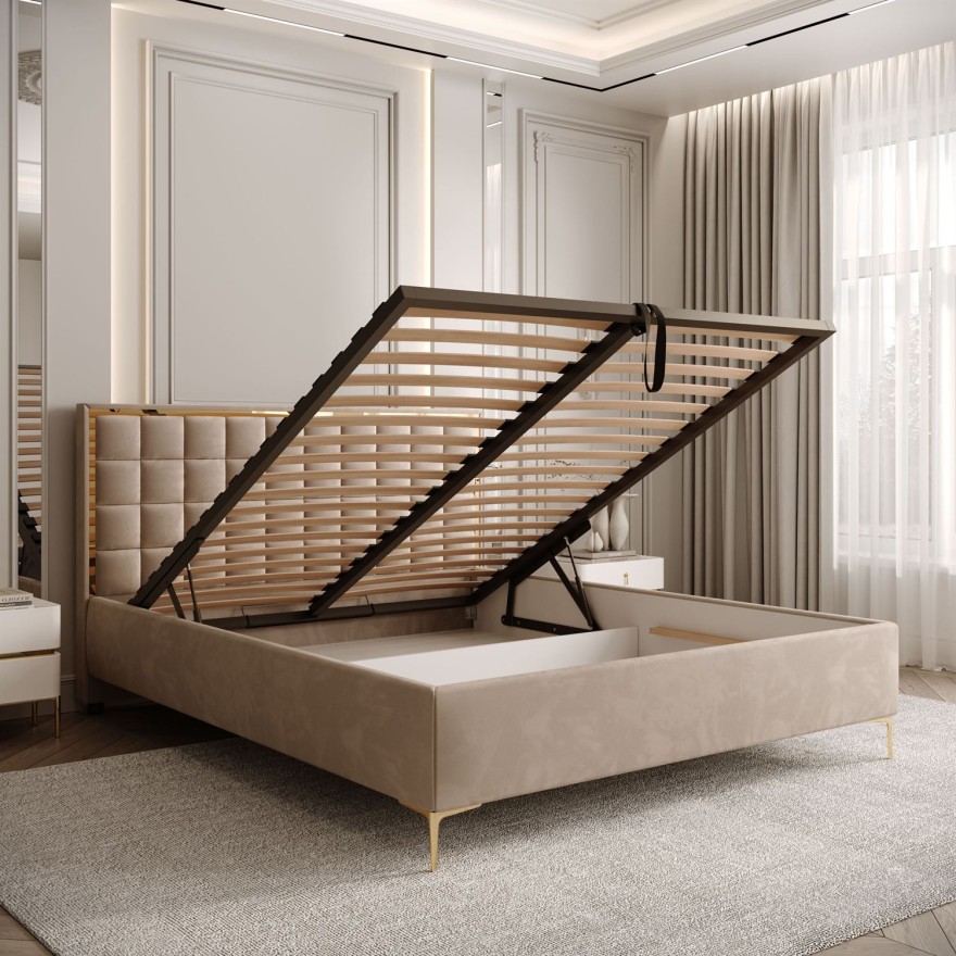 Łóżko tapicerowane ISADORA GOLD z pojemnikiem na pościel