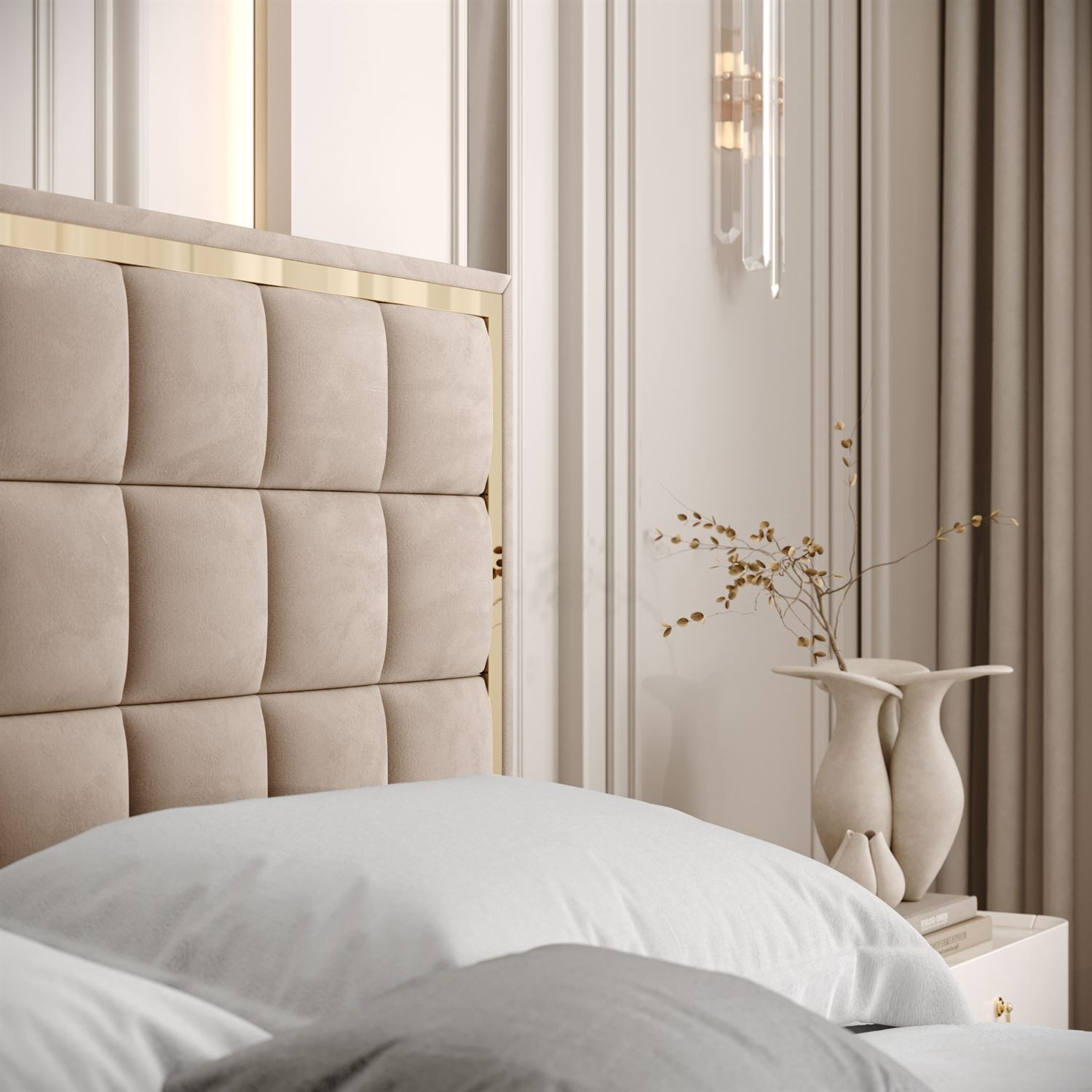 Łóżko tapicerowane ISADORA GOLD z pojemnikiem na pościel