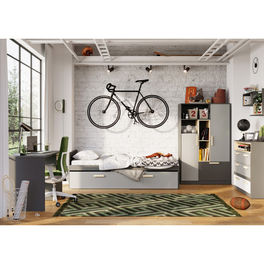 Łóżko górne z materacem POK PO-13 grafit/buk ibsen/szary jasny