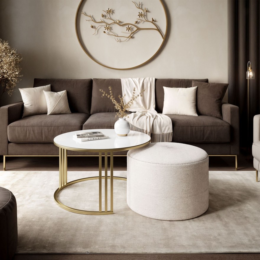 Stolik kawowy z pufą LORI GLASS złoto szczotkowane