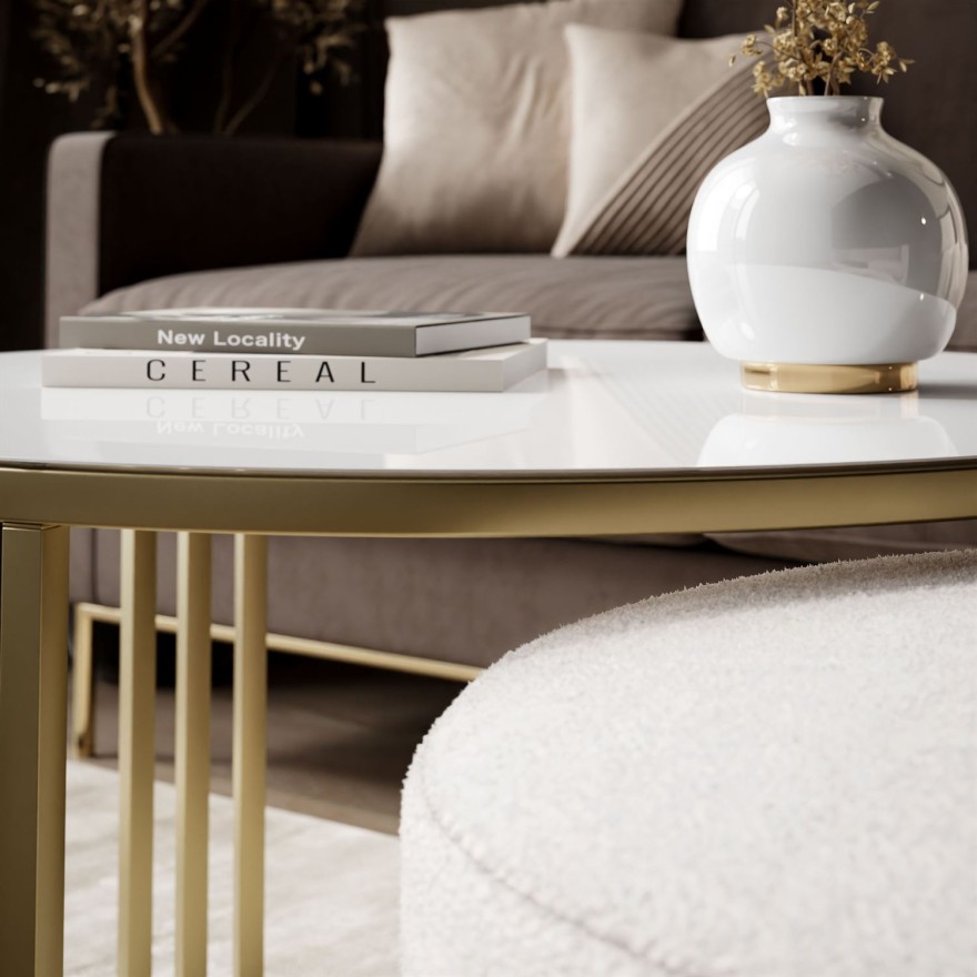 Stolik kawowy z pufą LORI GLASS złoto szczotkowane