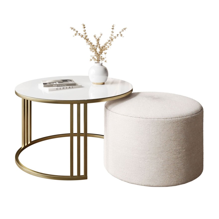 Stolik kawowy z pufą LORI GLASS złoto szczotkowane