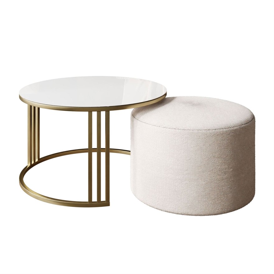 Stolik kawowy z pufą LORI GLASS złoto szczotkowane