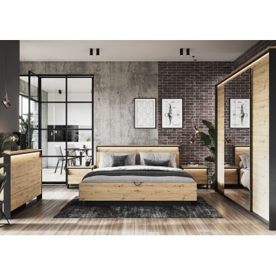 Łóżko z pojemnikiem i oświetleniem QUANT QS-02(160) dąb artisan/czarny Łóżko z pojemnikiem i oświetleniem QUANT QS-02(160) dąb artisan/czarny