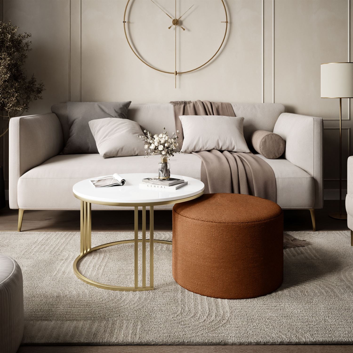 Stolik kawowy z pufą LORI wysoki połysk złoto szczotkowane