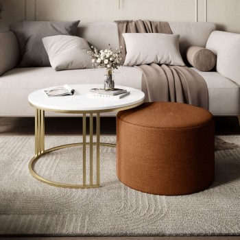 Stolik kawowy z pufą LORI wysoki połysk złoto szczotkowane