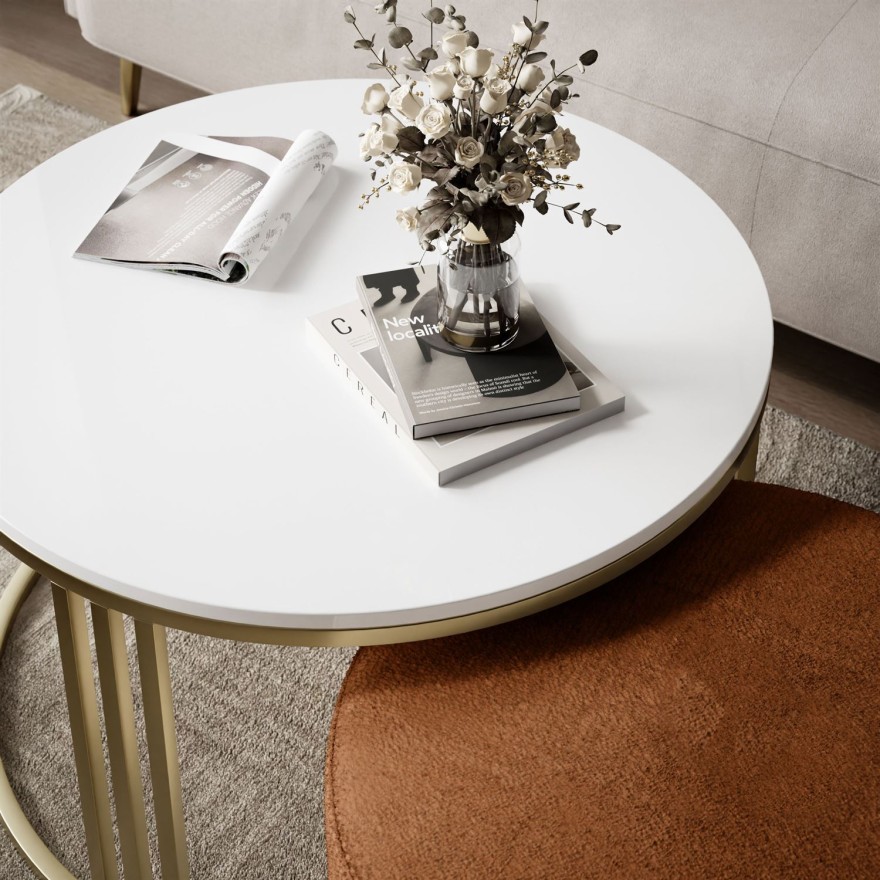 Stolik kawowy z pufą LORI wysoki połysk złoto szczotkowane