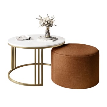 Stolik kawowy z pufą LORI wysoki połysk złoto szczotkowane