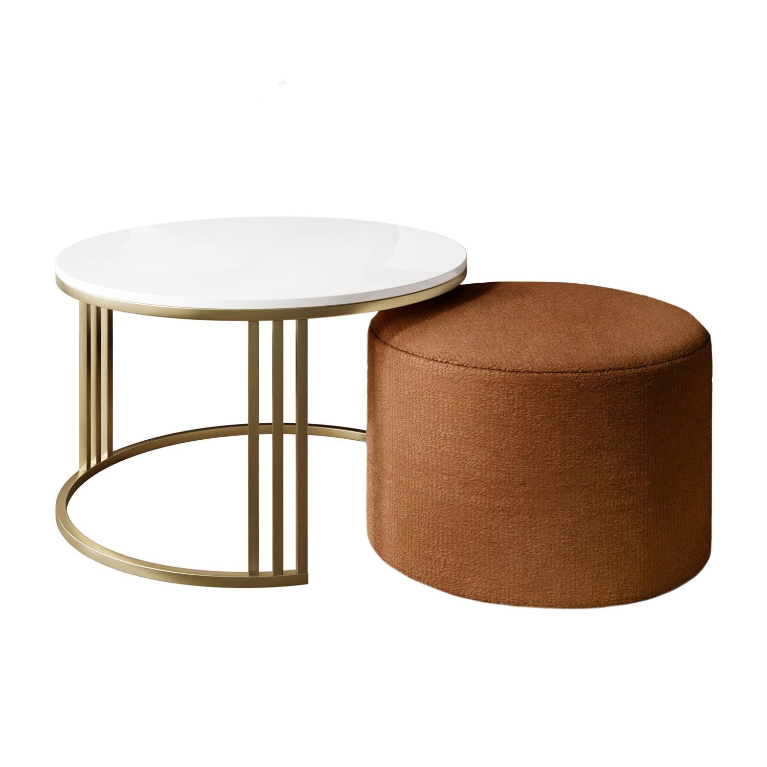 Stolik kawowy z pufą LORI wysoki połysk złoto szczotkowane
