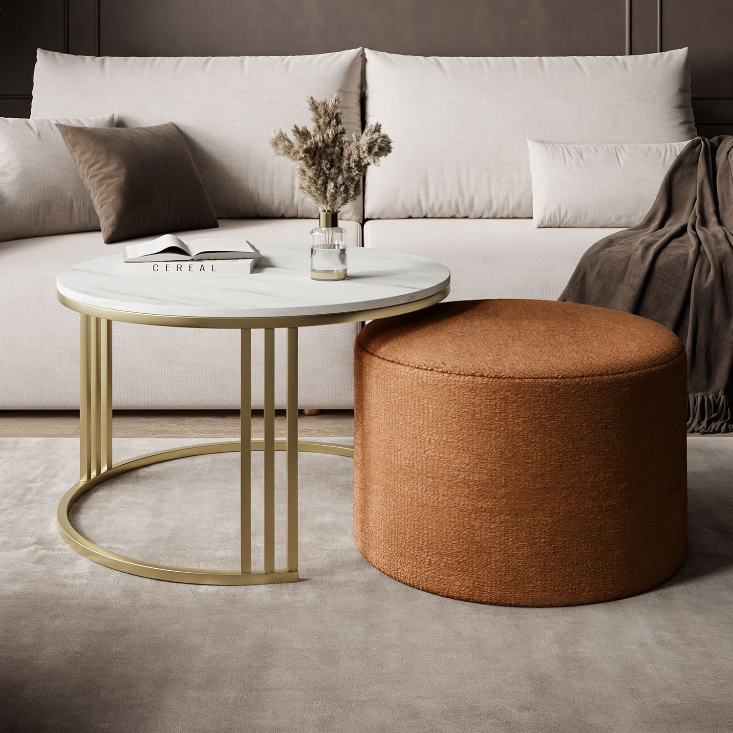 Stolik kawowy z pufą LORI MAT złoto szczotkowane