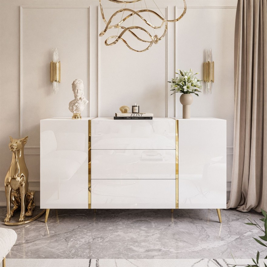 Komoda z szufladami ONYX na złotych nóżkach wysoki połysk 158 cm