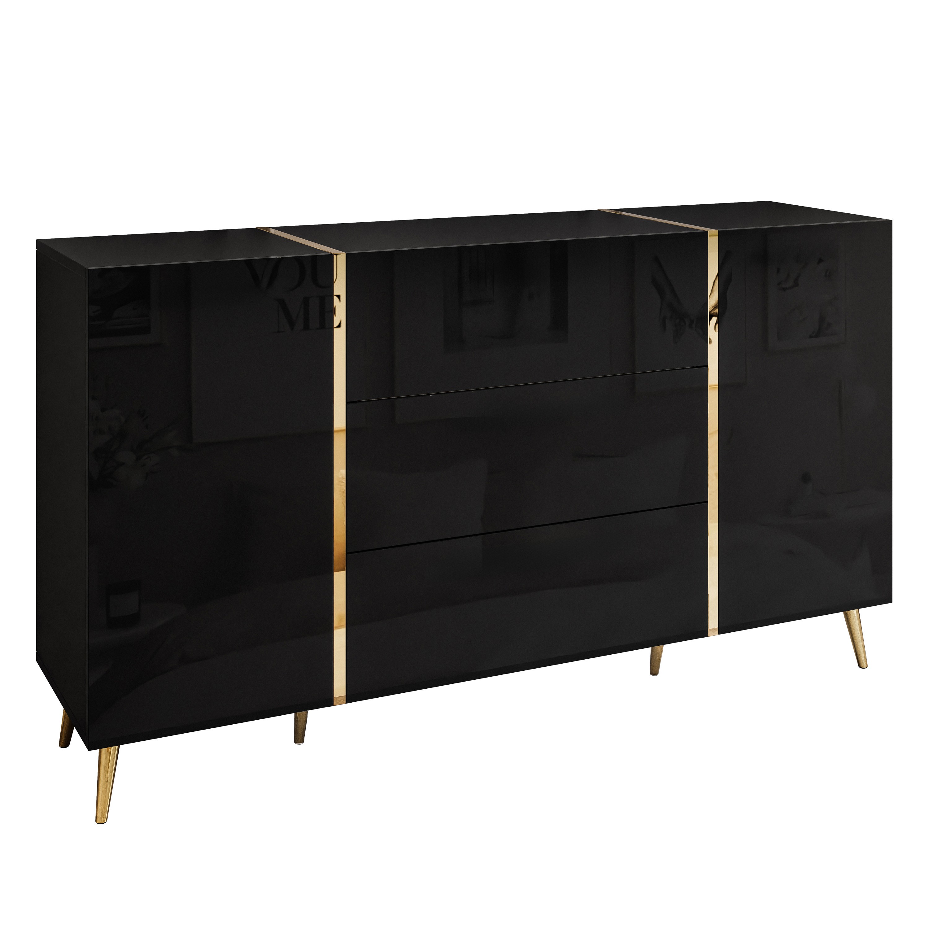 Komoda z szufladami ONYX na złotych nóżkach wysoki połysk 158 cm