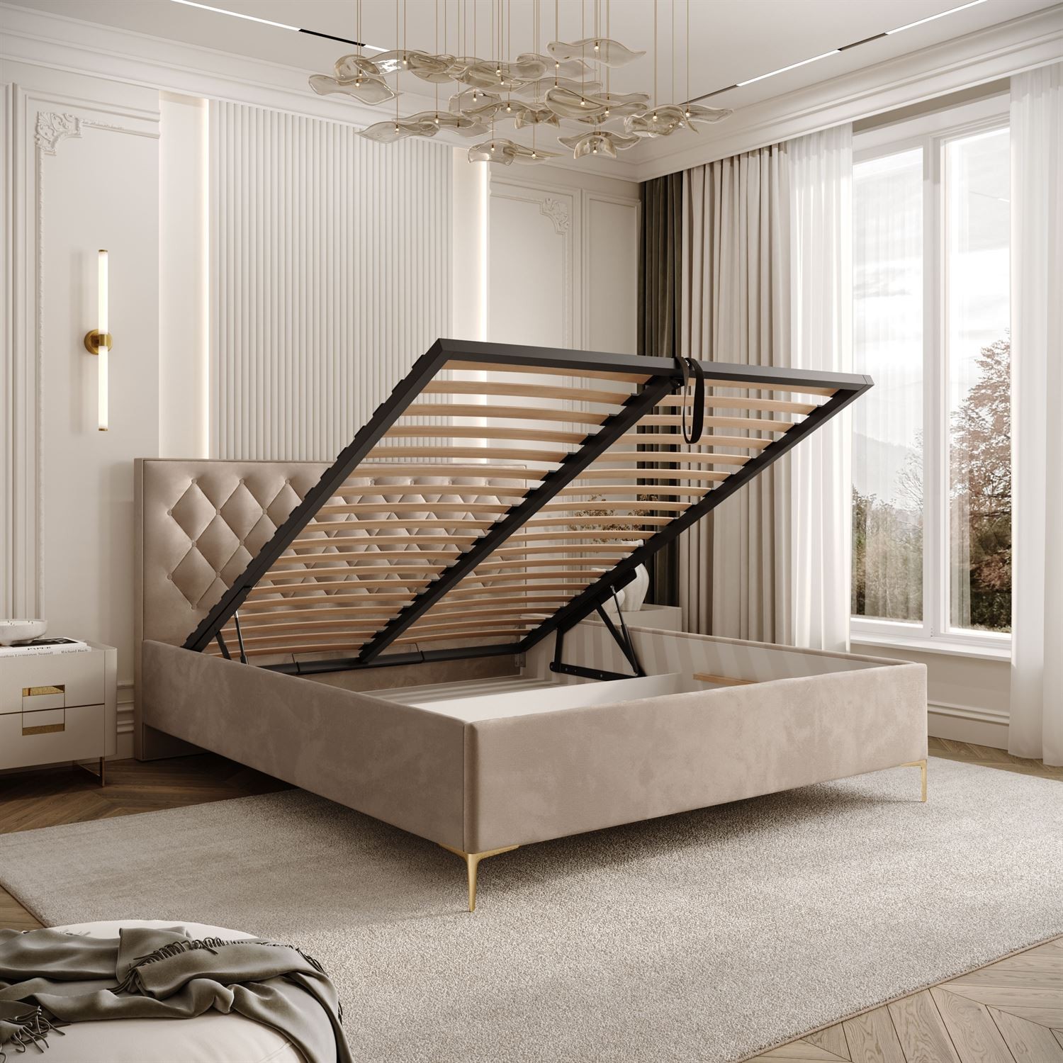 Łóżko tapicerowane INEZ z pojemnikiem na pościel