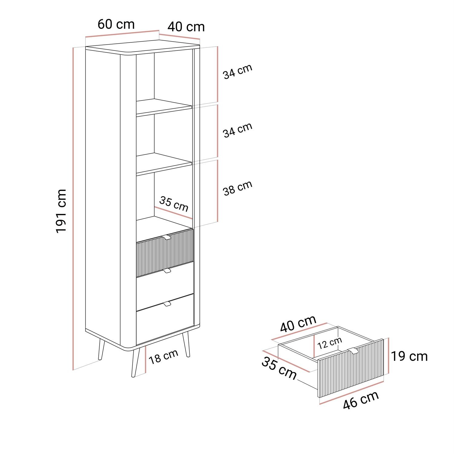 Wąski regał AUTUMN 1D3S z szufladami