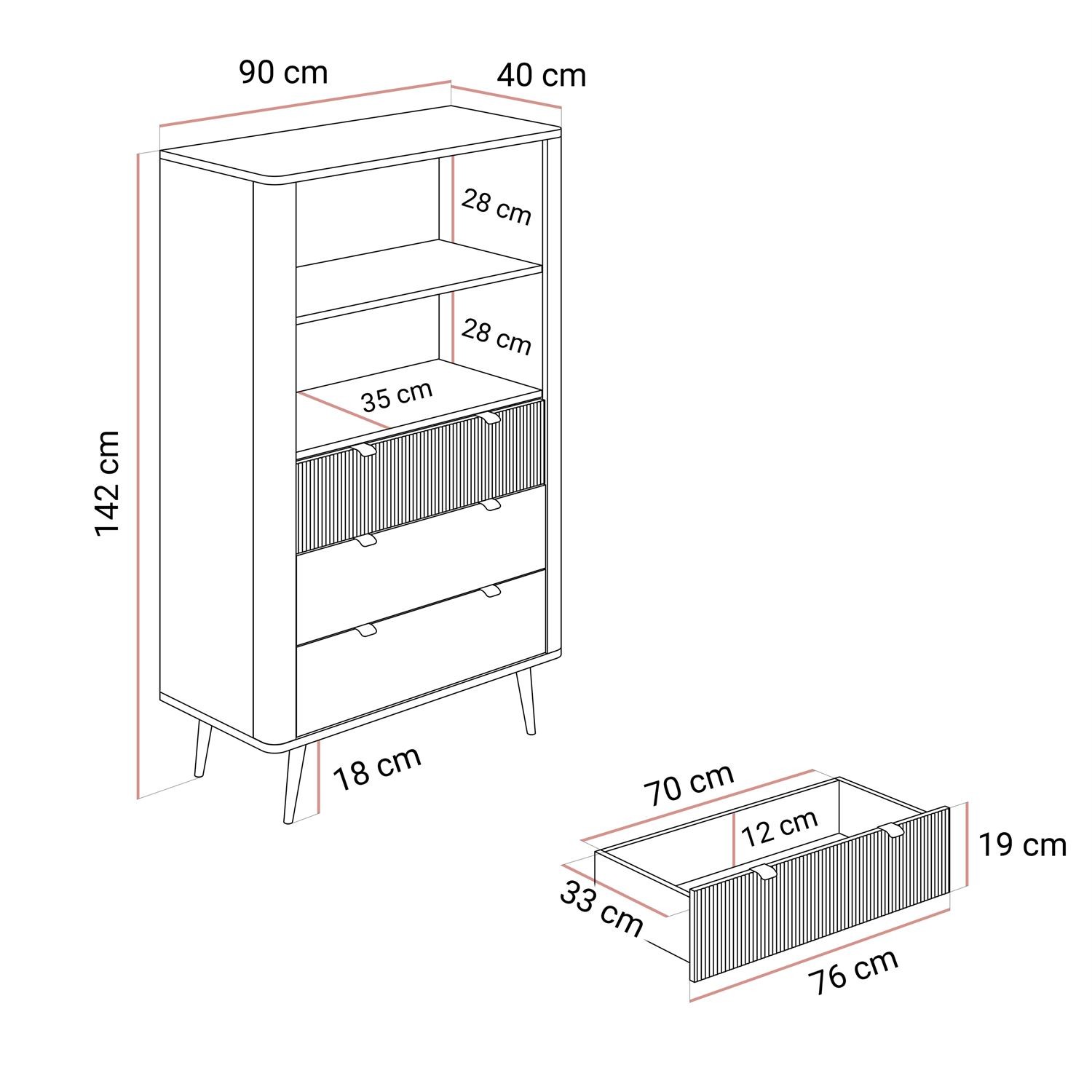 Komoda z szufladami AUTUMN 2D3S z ryflowanym frontem