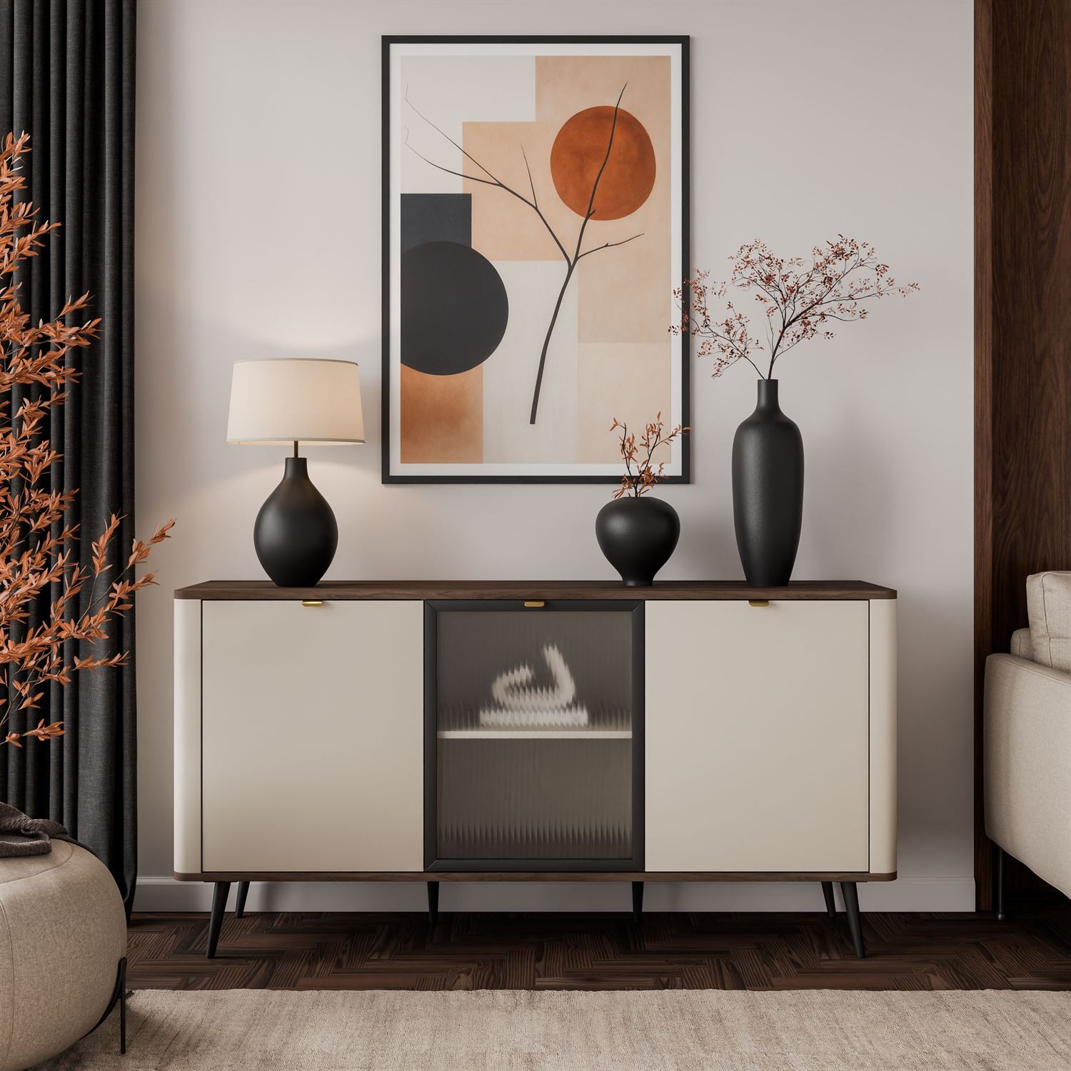 Komoda na nóżkach AUTUMN 2D1W z przeszklonym frontem