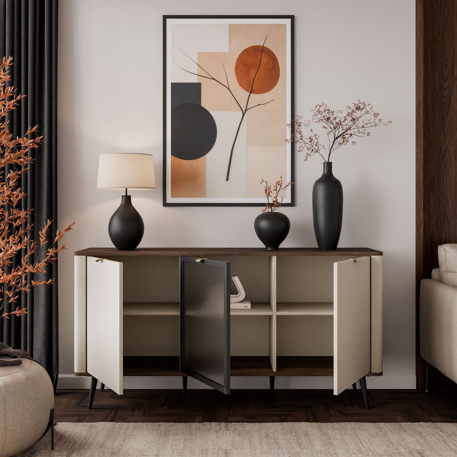 Komoda na nóżkach AUTUMN 2D1W z przeszklonym frontem