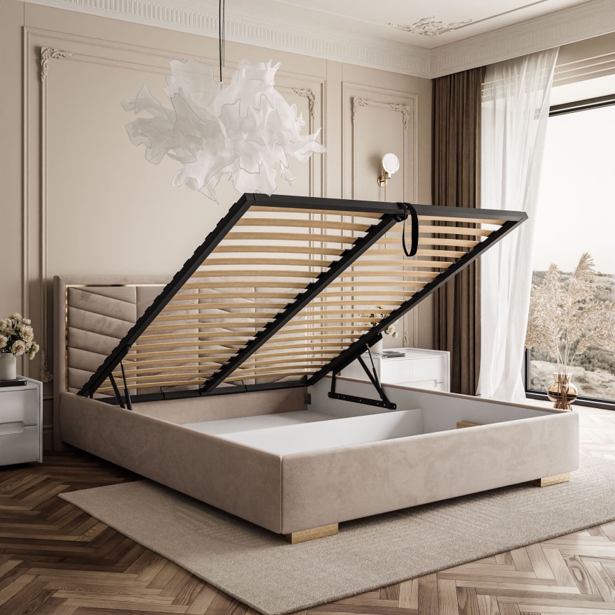 Łóżko tapicerowane AURORA z pojemnikiem i metalowym stelażem