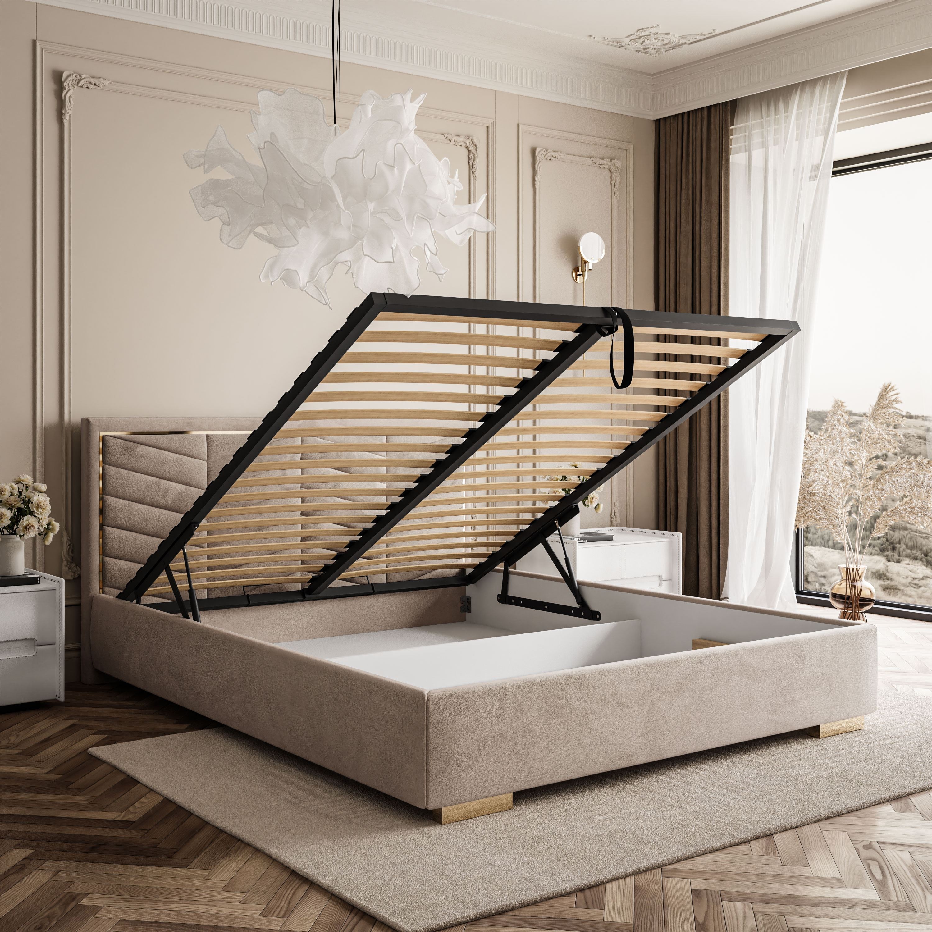 Łóżko tapicerowane AURORA z pojemnikiem i metalowym stelażem