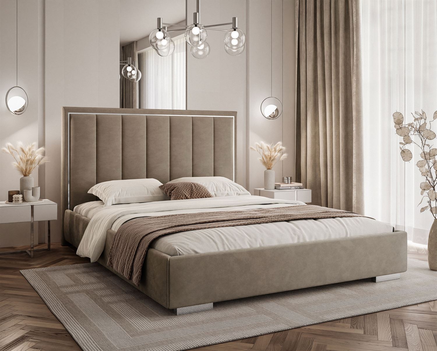Łóżko tapicerowane AURELIA SILVER z pojemnikiem i metalowym stelażem