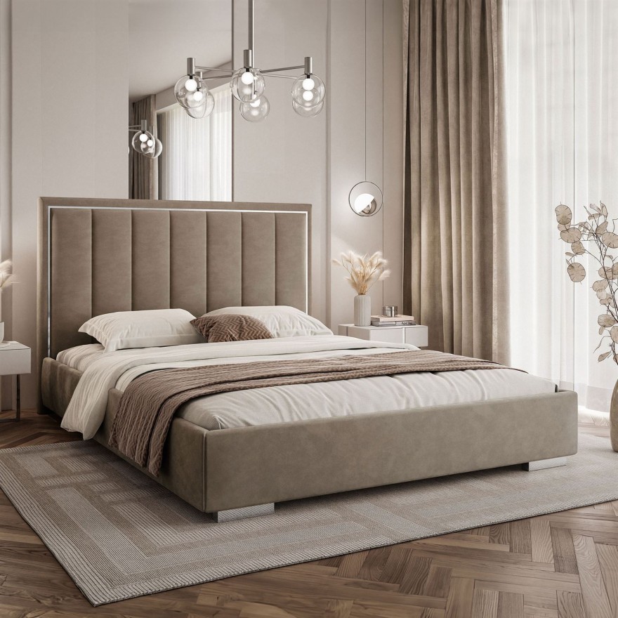 Łóżko tapicerowane AURELIA SILVER z pojemnikiem i metalowym stelażem