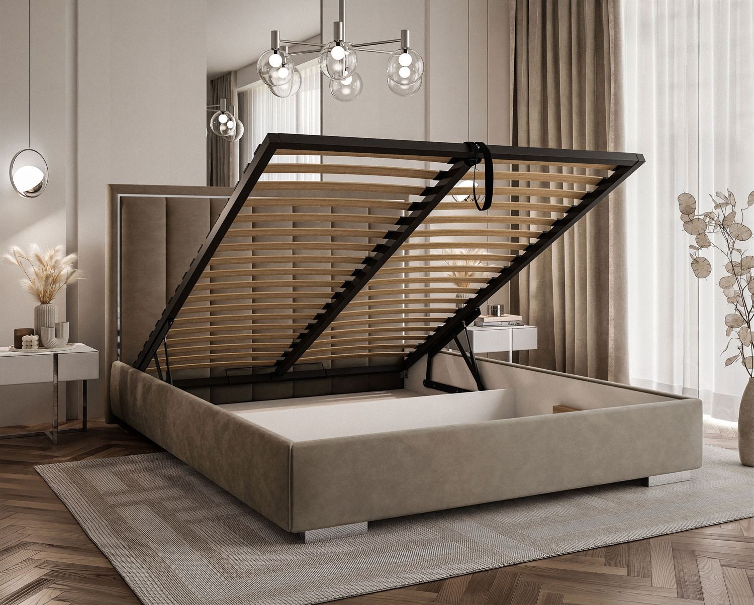 Łóżko tapicerowane AURELIA SILVER z pojemnikiem i metalowym stelażem