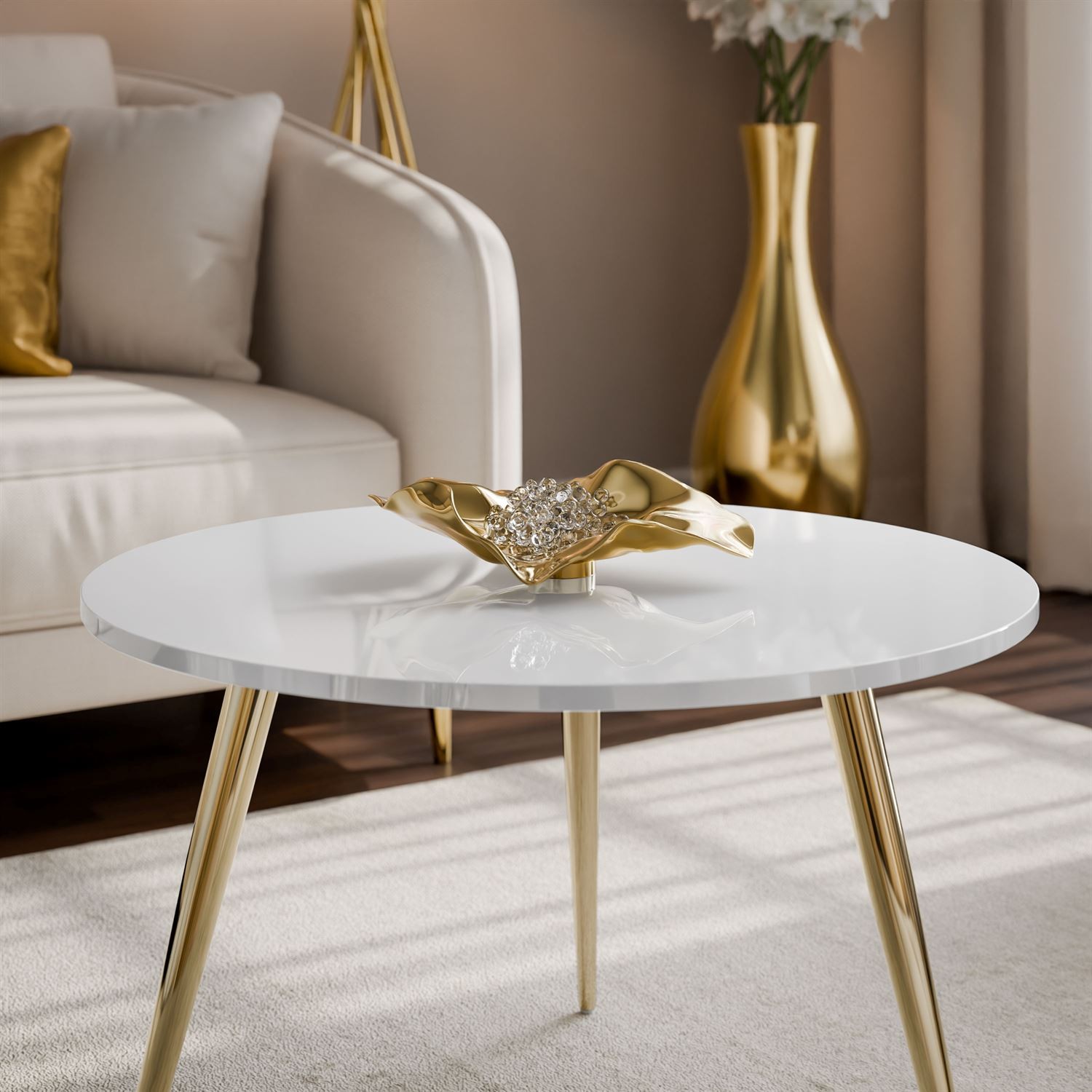 Okrągły stolik kawowy SOLEIL II połysk na złotych nogach