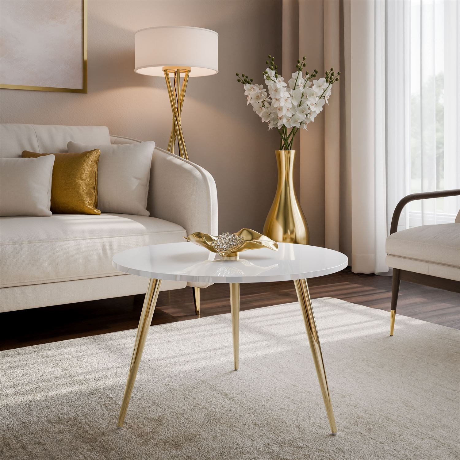 Okrągły stolik kawowy SOLEIL II połysk na złotych nogach
