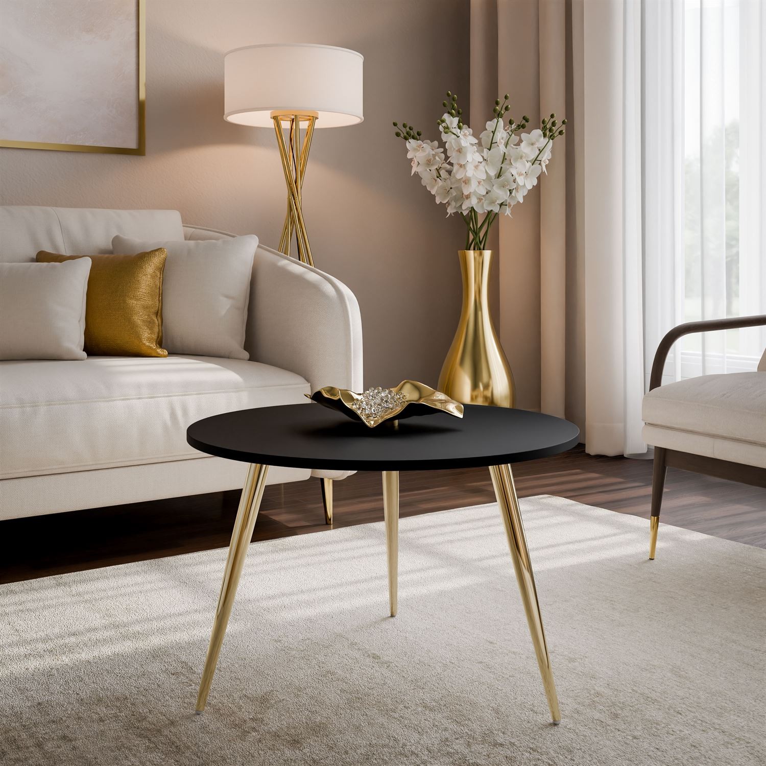 Okrągły stolik kawowy SOLEIL II czarny mat na złotych nogach