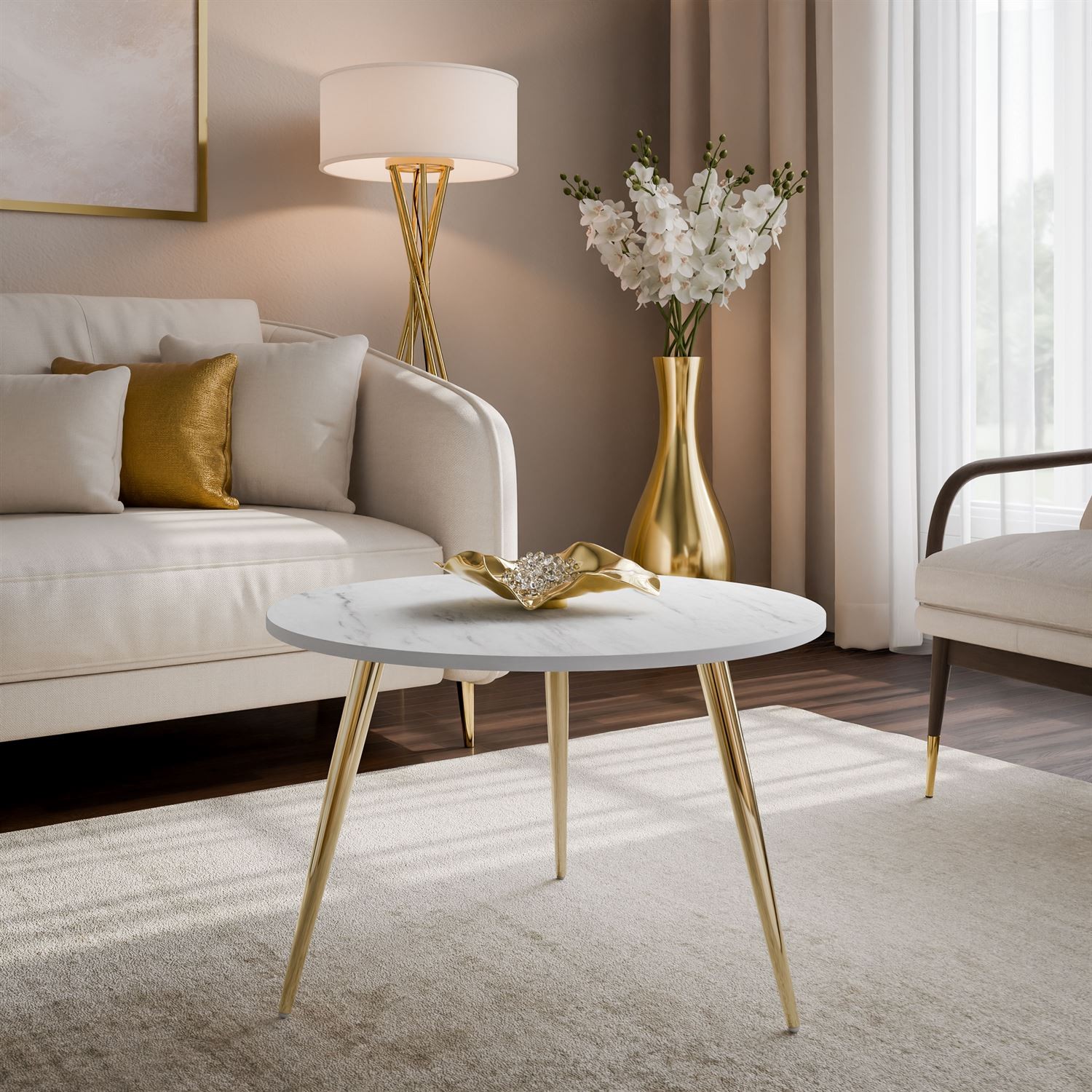 Okrągły stolik kawowy SOLEIL II MARMUR na złotych nogach