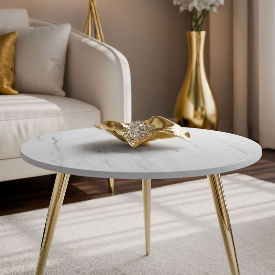 Okrągły stolik kawowy SOLEIL II MARMUR na złotych nogach